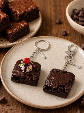 Brownie & Brownie à la Mode Keychain or Bag Clip | Handmade Chocolate Dessert